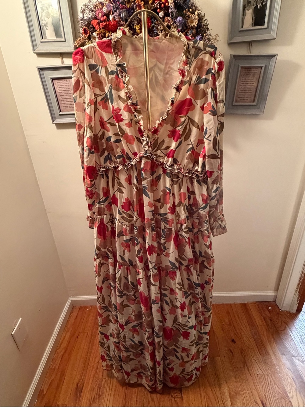 Amazon Floral Ruffle V-Neck Maxi Dress - Beige with Red & Green Accents